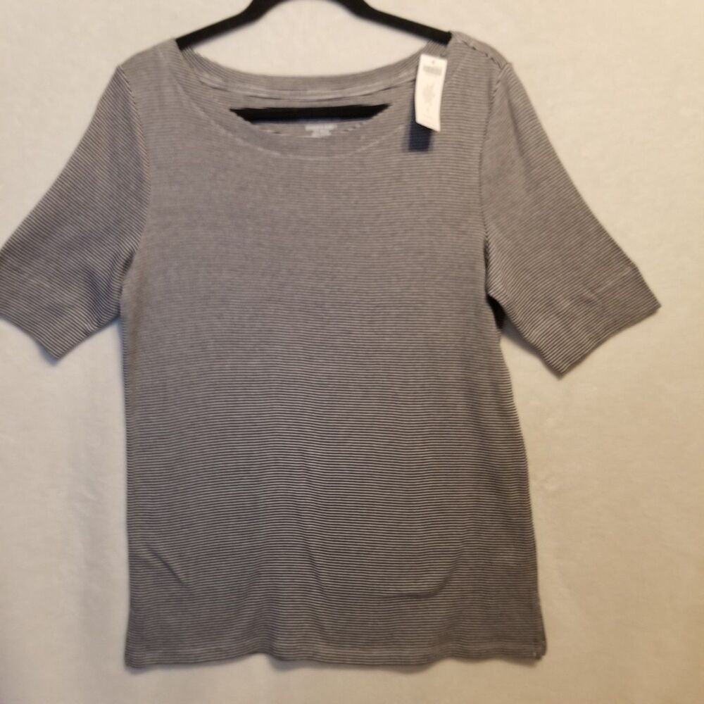 Chico's 1 (M) Top The Ultimate Tee Black Striped Bateau Boat Neck Cotton NEW